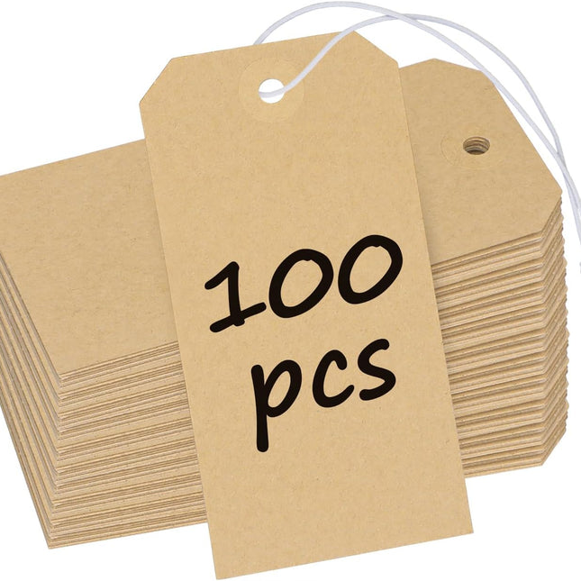 100 Pcs Kraft Blank Shipping Tags with Elastic String Attached Hanging Paper Tags with Reinforced Eyelet Large Marking Price Tag Inventory Label Tag, 4.7" x 2 3/8"
