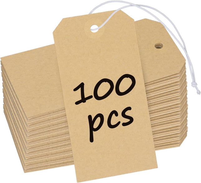 100 Pcs Kraft Blank Shipping Tags with Elastic String Attached Hanging Paper Tags with Reinforced