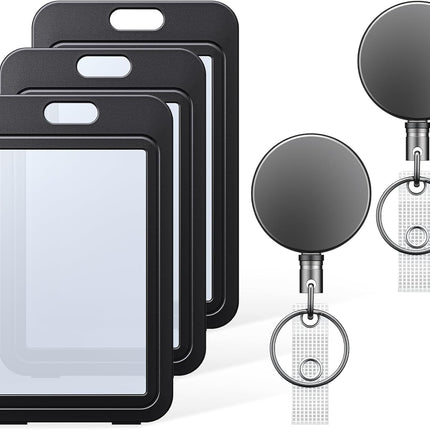 3 Pack ID Badge Holder Vertical with Double-Sided Windows and 2 Pack Metal Retractable Keychain Heavy Duty Metal Retractable Badge Reel