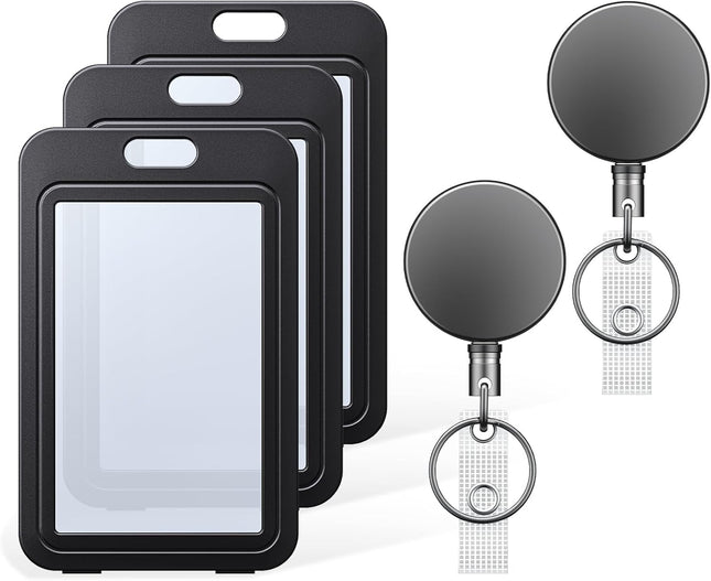 3 Pack ID Badge Holder Vertical with Double-Sided Windows and 2 Pack Metal Retractable Keychain Heavy Duty
