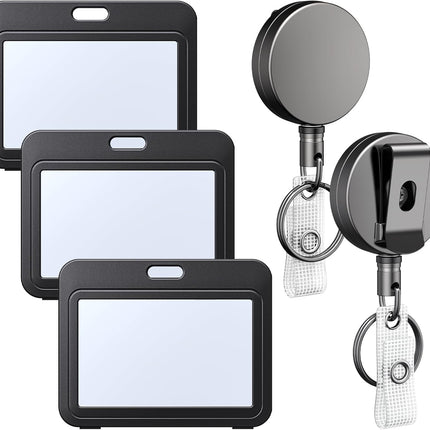 3 Pack ID Badge Holder Horizontal with Double-Sided Windows and 2 Pack Metal Retractable Keychain Heavy Duty Metal Retractable Badge Reel
