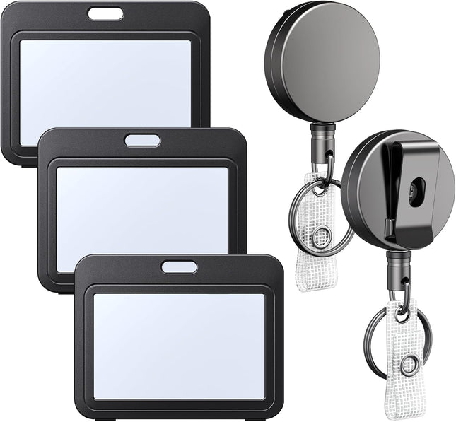 3 Pack ID Badge Holder Horizontal with Double-Sided Windows and 2 Pack Metal Retractable Keychain Heavy
