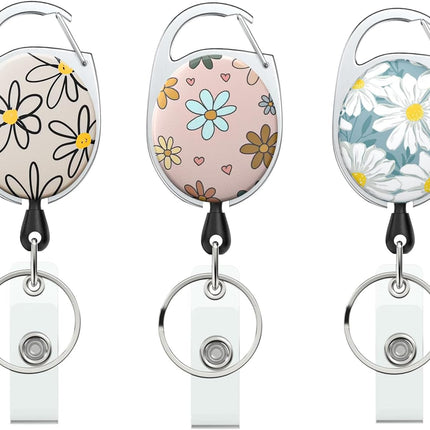 3 Pack Floral Retractable Badge Reel for Badge Holder Flower Heavy Duty Retractable Keychain Strong ABS Casing with Stainless Steel Spring Coil 24 Inch Nylon Rope Carabiner Clip and Key Ring