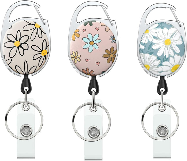 3 Pack Floral Retractable Badge Reel for Badge Holder Flower Heavy Duty Retractable Keychain Strong