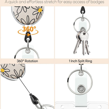 3 Pack Floral Retractable Badge Reel for Badge Holder Flower Heavy Duty Retractable Keychain Strong ABS Casing with Stainless Steel Spring Coil 24 Inch Nylon Rope Carabiner Clip and Key Ring