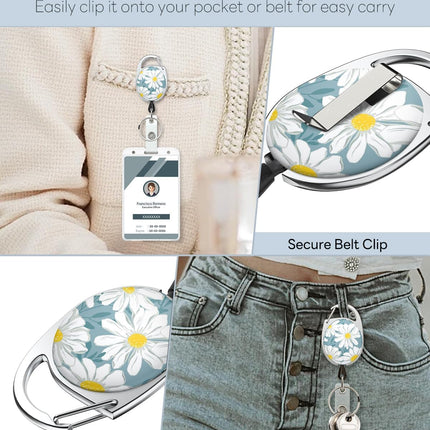 3 Pack Floral Retractable Badge Reel for Badge Holder Flower Heavy Duty Retractable Keychain Strong ABS Casing with Stainless Steel Spring Coil 24 Inch Nylon Rope Carabiner Clip and Key Ring