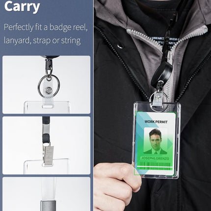 50 Pcs Badge Holder Straps ID Badge Straps with Snaps and 2 Pack Thumb-Slot Badge Holder Clear ID Card Holders with Easy Access Vertical Plastic Case Hard Card Protector