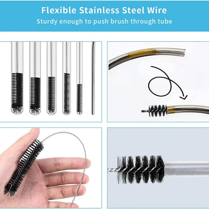 10PCS Flexible Drain Brush Straw Cleaner Brush Set,Pipe Cleaners Brush,61Inch Stainless Steel Double-Ended Hose Brush 8.2Inch Nylon Long CPAP Tube Cleaning Brush for Home Kitchen Sink Plumbing
