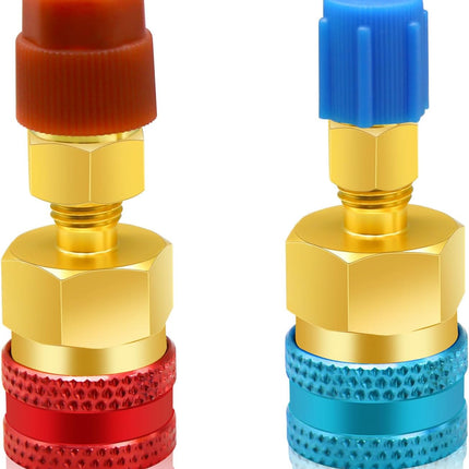 2Pcs R1234yf to R134a Adapter, Quick Couplers Kit R1234yf Refrigerant Recharge Kit, High/Low Side R134a to R1234yf Adapters for R1234yf/R134a Car Ac Refrigerant System Evacuation Recharging, Red, Blue