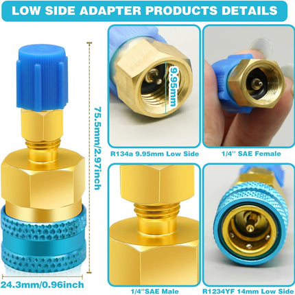 2Pcs R1234yf to R134a Adapter, Quick Couplers Kit R1234yf Refrigerant Recharge Kit, High/Low Side R134a to R1234yf Adapters for R1234yf/R134a Car Ac Refrigerant System Evacuation Recharging, Red, Blue