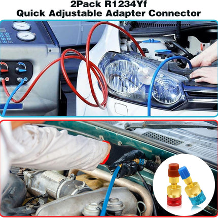 2Pcs R1234yf to R134a Adapter, Quick Couplers Kit R1234yf Refrigerant Recharge Kit, High/Low Side R134a to R1234yf Adapters for R1234yf/R134a Car Ac Refrigerant System Evacuation Recharging, Red, Blue