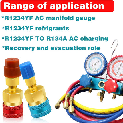 2Pcs R1234yf to R134a Adapter, Quick Couplers Kit R1234yf Refrigerant Recharge Kit, High/Low Side R134a to R1234yf Adapters for R1234yf/R134a Car Ac Refrigerant System Evacuation Recharging, Red, Blue