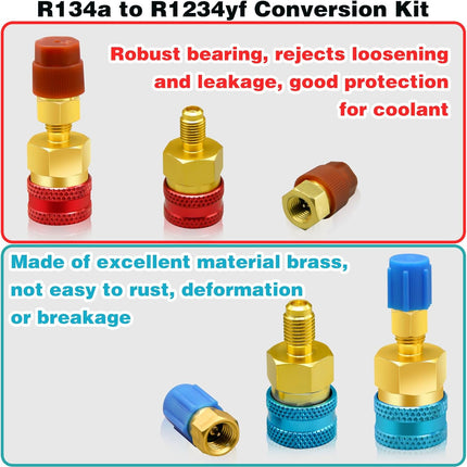 2Pcs R1234yf to R134a Adapter, Quick Couplers Kit R1234yf Refrigerant Recharge Kit, High/Low Side R134a to R1234yf Adapters for R1234yf/R134a Car Ac Refrigerant System Evacuation Recharging, Red, Blue