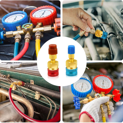 2Pcs R1234yf to R134a Adapter, Quick Couplers Kit R1234yf Refrigerant Recharge Kit, High/Low Side R134a to R1234yf Adapters for R1234yf/R134a Car Ac Refrigerant System Evacuation Recharging, Red, Blue