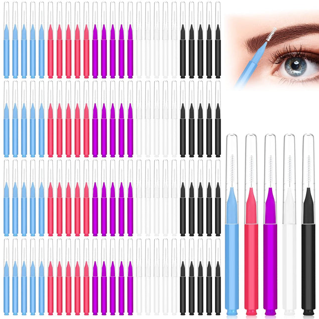 100Pcs Micro Eyebrow Brush Eyelash Comb Brush with Cap Multifunctional Brow Lamination Brush