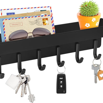 Key Holder Wall Mount, Compact Adhesive Key Rack with Tray, 6 Hooks, 2 Mount Options, Black