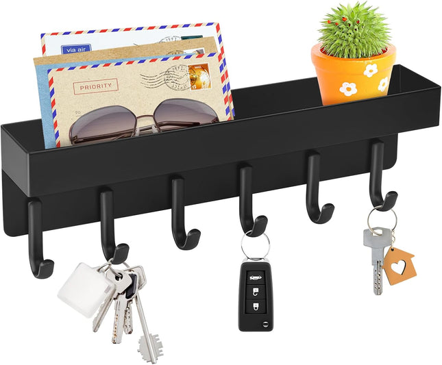 Key Holder Wall Mount Compact Adhesive Key Rack with Tray 6 Hooks 2 Mount Options Black V1258-DP02-B-285