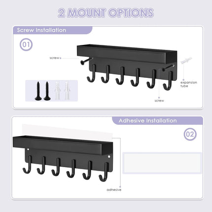 Key Holder Wall Mount, Compact Adhesive Key Rack with Tray, 6 Hooks, 2 Mount Options, Black