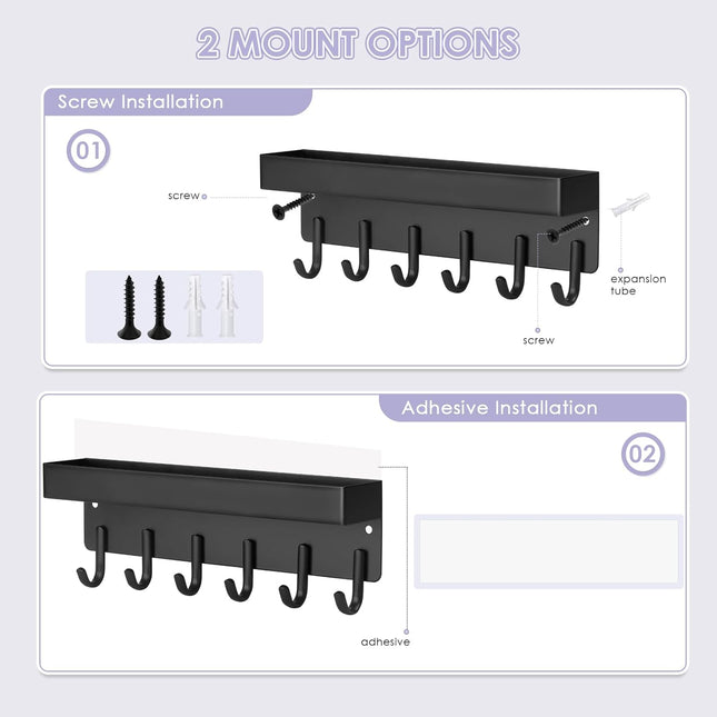 Key Holder Wall Mount Compact Adhesive Key Rack with Tray 6 Hooks 2 Mount Options Black – product detail