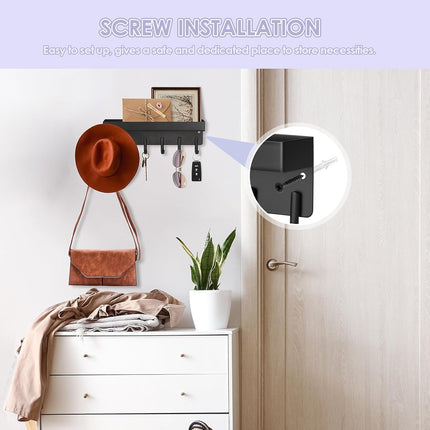 Key Holder Wall Mount, Compact Adhesive Key Rack with Tray, 6 Hooks, 2 Mount Options, Black