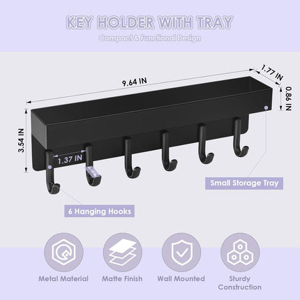 Key Holder Wall Mount, Compact Adhesive Key Rack with Tray, 6 Hooks, 2 Mount Options, Black