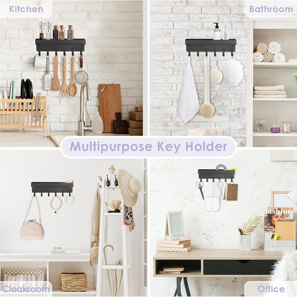 Key Holder Wall Mount, Compact Adhesive Key Rack with Tray, 6 Hooks, 2 Mount Options, Black