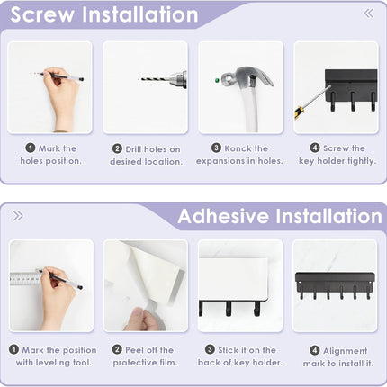Key Holder Wall Mount, Compact Adhesive Key Rack with Tray, 6 Hooks, 2 Mount Options, Black