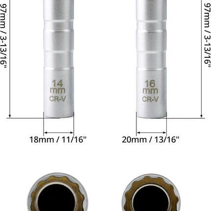 14mm&16mm Magnetic Swivel Spark Plug Socket, Thin Wall Magnetic Rotating 3/8" Drive 12 Point Standard Spark Plug Socket Removal Tool 360-degree Rotation for Maximum Flexibility