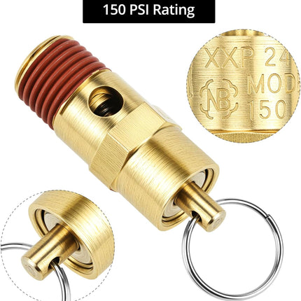 Brass Pressure Relief Valve (2 Pack) - 1/4 Inch NPT Threaded, 150 PSI Rating, Air Compressor Check Valve with Seal Thread Locks
