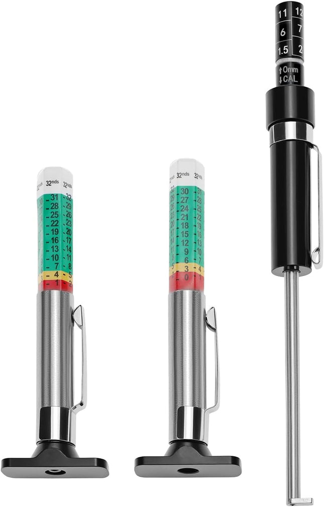 Tire Tread Depth Gauge 2-Pack Plus Brake Pad Thickness Gauge Set Color-Coded 1/32 Inch Tire