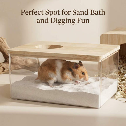 Hamster Sand Bath Box – Clear Acrylic Habitat Bath with Wooden Lid for Dwarf Hamsters, Digging & Grooming