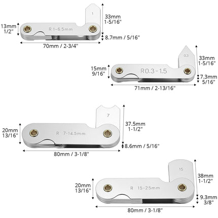 4 Pack Radius Gauge Set, Precision Stainless Steel Measurement Tool for Convex & Concave Surfaces, R0.3-1.5mm/ R1-6.5mm/ R7-14.5mm/ R15-25mm