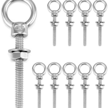Shoulder Eye Bolts, 10 Pack 316 Stainless Steel Shoulder Threaded Eyebolts- 1/4" x 2" with High Corrosion Resistance and 400 lbs WLL - for Straight and Angular Pulls
