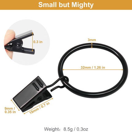 Curtain Rings with Clips Black - 40 Pcs Metal Drapery Clip Ring 1.26 in Interior Diameter, Fits up to 1 in Curtain Rod