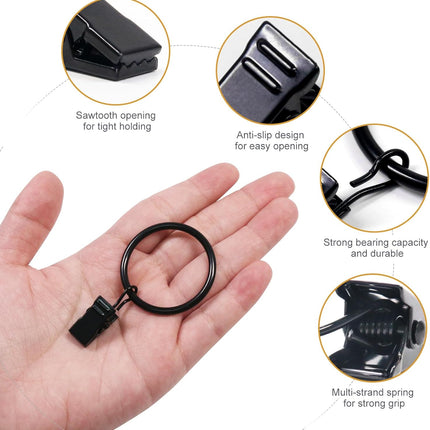 Curtain Rings with Clips Black - 40 Pcs Metal Drapery Clip Ring 1.26 in Interior Diameter, Fits up to 1 in Curtain Rod