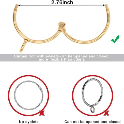 Open Curtain Rings with Eyelet - 20 Pack 1.5 Inch Openable Metal Drapery Ring Loops, Fits Up to 1 1/4 in Rod (Gold)