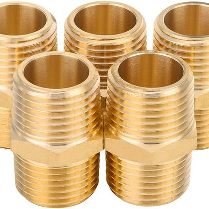 (Pack of 5)  Brass Pipe Fitting, 1/2" x1/2" Male NPT Hex Nipple Straight Adapters For Copper, Brass or Iron Pipe Connection (5, 1/2 inch),(NPT013-5PCS)