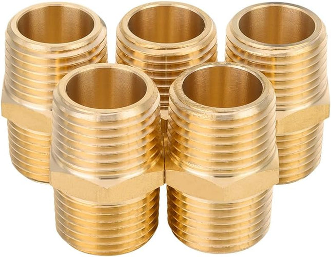 (Pack of 5) Brass Pipe Fitting 1/2 x1/2 Male NPT Hex Nipple Straight Adapters For Copper Brass or Iron Pipe