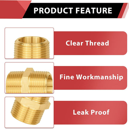 (Pack of 5)  Brass Pipe Fitting, 1/2" x1/2" Male NPT Hex Nipple Straight Adapters For Copper, Brass or Iron Pipe Connection (5, 1/2 inch),(NPT013-5PCS)