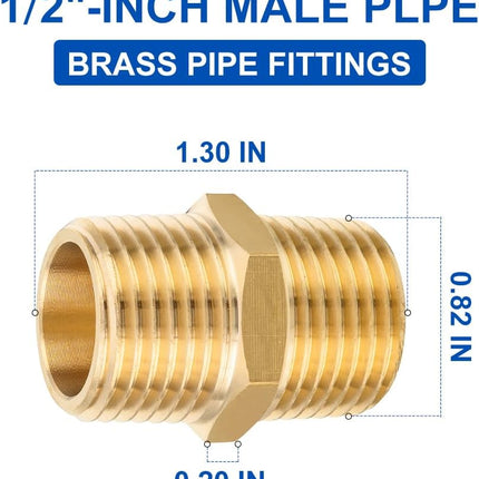 (Pack of 5)  Brass Pipe Fitting, 1/2" x1/2" Male NPT Hex Nipple Straight Adapters For Copper, Brass or Iron Pipe Connection (5, 1/2 inch),(NPT013-5PCS)