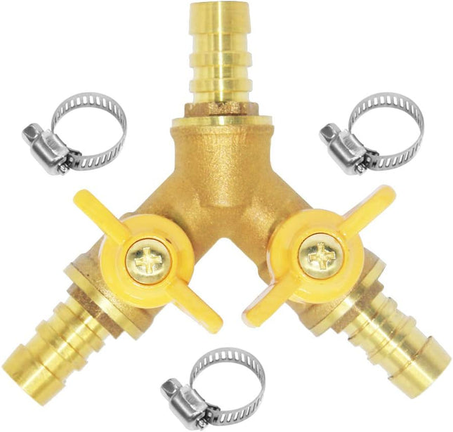 3 Way Shut Off Ball Valve 3/8 Hose Barb 2 Switch Brass Y Shaped Valve V1258-DP02-B-3106