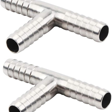 Stainless Steel 1/4" Hose Barb, 3 Way Tee T Shape Barbed Co2 Splitter Fitting (Pack of 2)