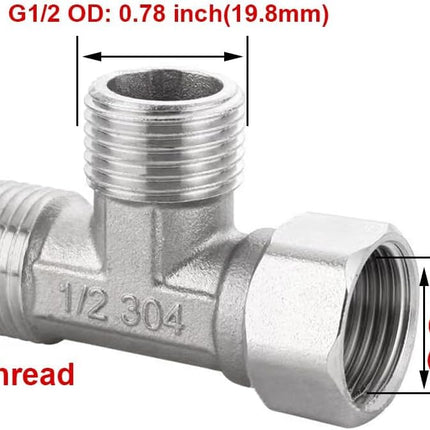 Stainless Steel 1/2" G 3 Way Diverter, Movable Cap Flexible Tee Connector for Angled Valve, Bidet, Sprayer, Shower Arm (All 3 way is 1/2 G threaded!!, Thread ID/OD is 19.8MM/3/4")