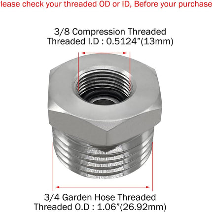 Stainless Steel 3/8 Compression Female Thread(I.D:0.512") to 3/4 Male Garden Hose Threaded(O.D:1.06") Adapter Hex Bushing(Pls check size chart!)
