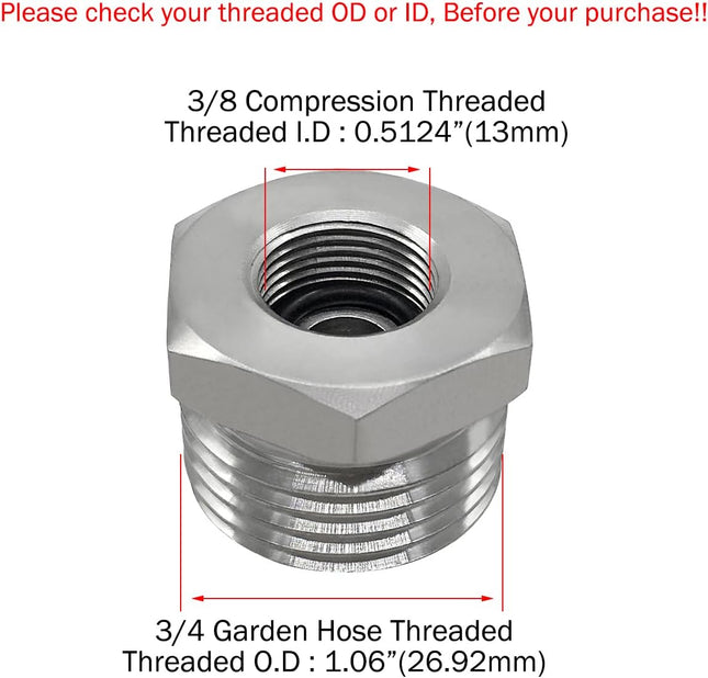 Stainless Steel 3/8 Compression Female Thread(I.D 0.512) to 3/4 Male Garden Hose Threaded(O.D 1.06) – product detail