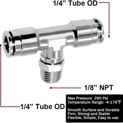 Push to Connect Tube Fitting Union Tee, Copper Nickle-Plated 1/4" Tube OD x 1/8" NPT Male Thread Shaped Union Adapter Fitting (Pack of 2)