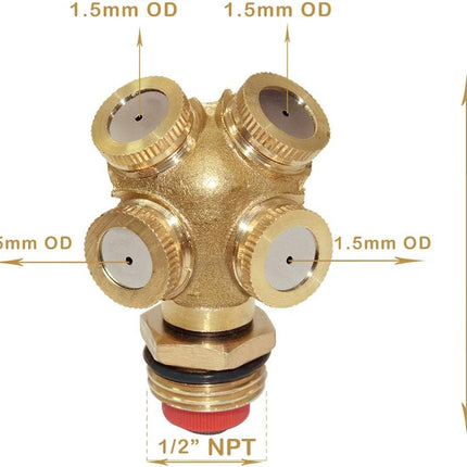 Sprinkler Mister Head 1/2" NPT Brass 4 Holes Garden Hose Sprinkles Irrigation Connect Fitting with Adapter and Filter Mesh