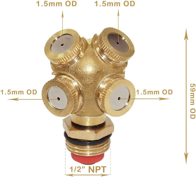 Sprinkler Mister Head 1/2 NPT Brass 4 Holes Garden Hose Sprinkles Irrigation Connect Fitting with Adapter – product detail