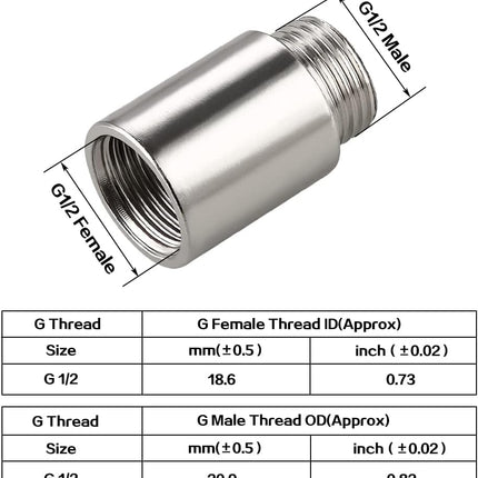 Shower Head Extension Tube Pipe Fittings G 1/2 Male to G 1/2 Female BSP threaded Stainless Steel Round Shower Arm Extension Cast Fitting Coupler (25mm Length,2pcs)