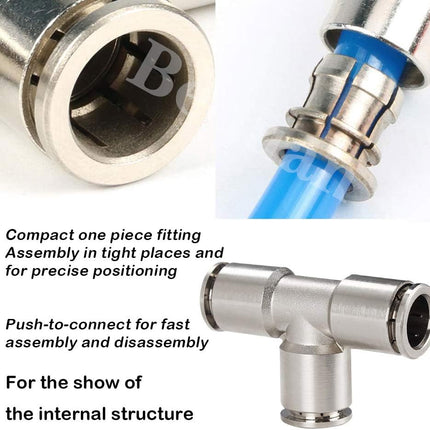 Push to Connect Tube Fitting Union Tee, Copper Nickle-Plated 1/4" Tube OD 3 Way Tee Shaped Union Adapter Fitting (Pack of 2)